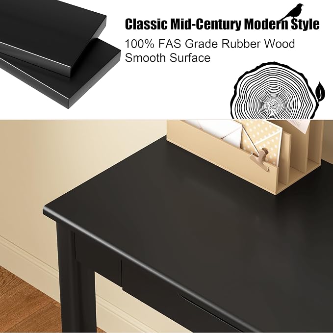 Solid Wood Desk with Drawers - 39 x 16 Inch Simple Narrow Desks, Modern Computer Desks, Rubber Wood Study Table, Small Writing Desk for Bedroom|Small Spaces - Black
