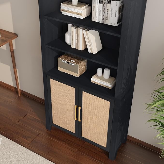 Janmer Home 71" Tall Arched Bookcase with Storage, Modern 6-Tier Arch Cabinet with Door, Arched Bookshelf Cabinet with Open Display Storage Shelf for Living Room (Black,)
