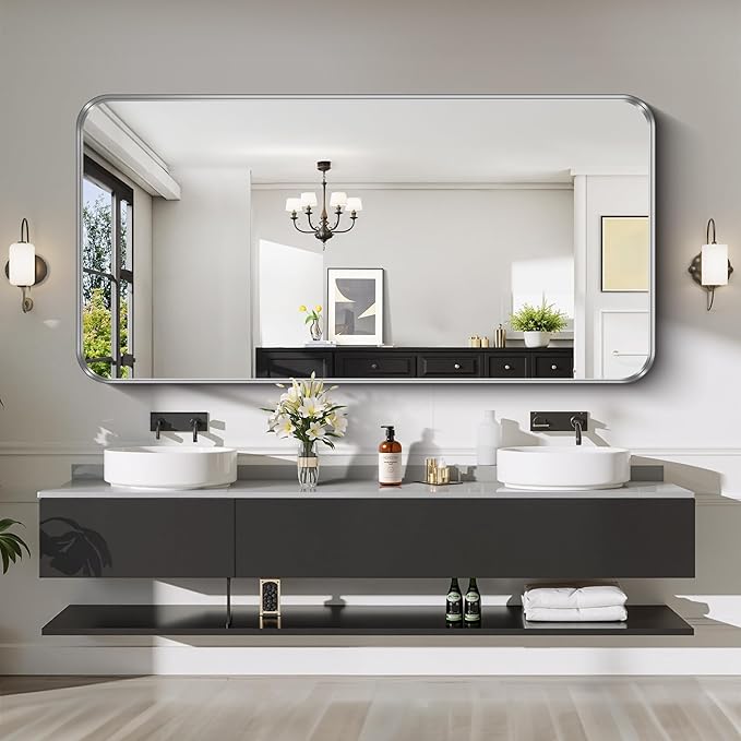CIRCUMI Silver Bathroom Mirror, 36"x72" Rectangular Mirror with Deep Metal Frame, Rounded Corner, Tempered Glass, Large Mirror for Wall, Over 2 Sinks, Installed Vertically/Horizontally, Crystal-Clear