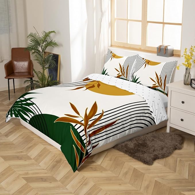 Abstract Geometric Boho Duvet Cover Twin for Kids Boys Girls,Botanical Plant Leaves Comforter Cover,Minimalist Aesthetic Bedding Set,Retro Mid Century Bed Set 2 Pcs Bedroom Decor