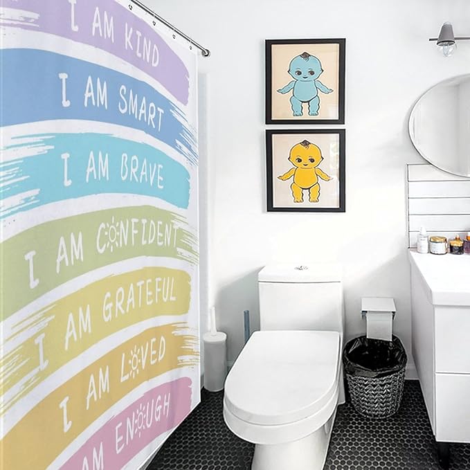 Rainbow Shower Curtain for Girls Bathroom, Kids Baby Boho Cute Inspirational Motivational Quotes Bohemian Cartoon Colorful Pastel Waterproof Fabric Shower Curtain Set with Hooks, 72"x78" Inch