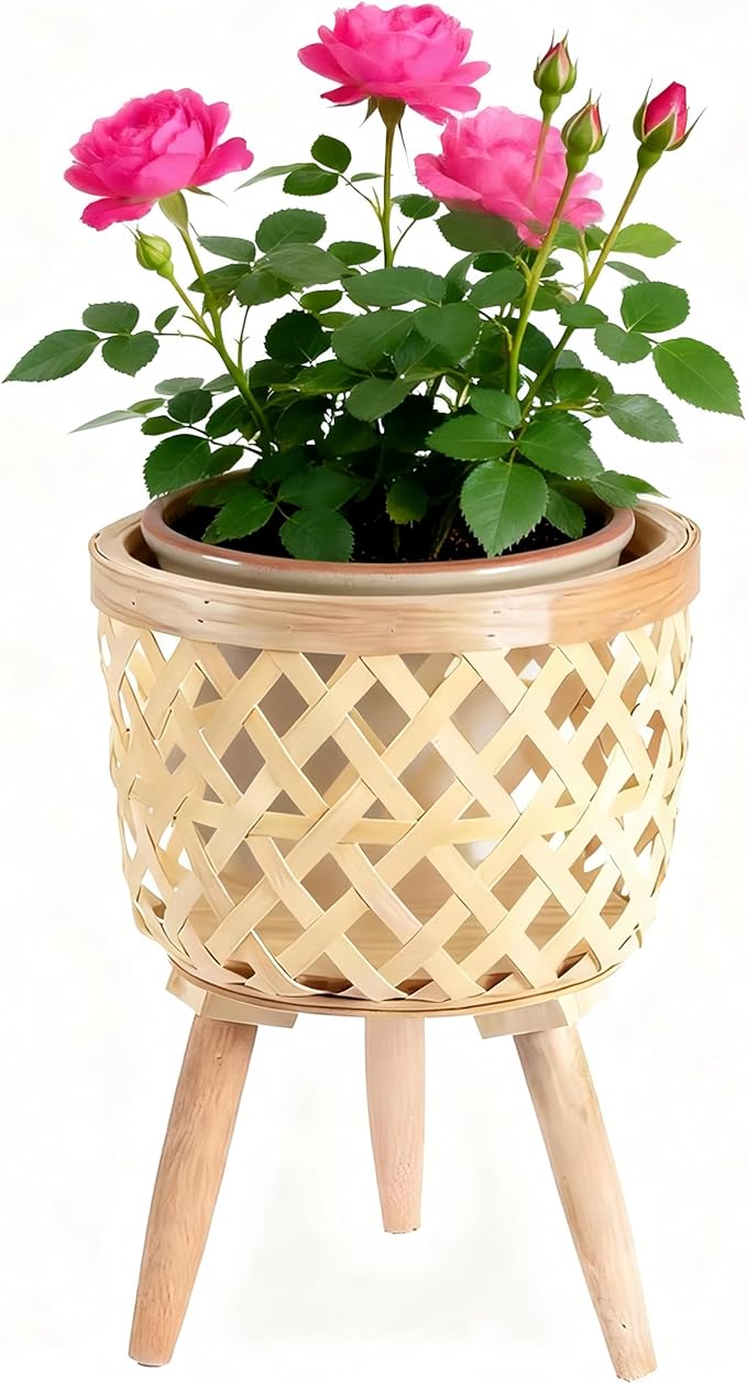 Boho Rattan Plant Stand – Handwoven Elevated Wicker Plant Baskets for Indoor Plants, Mid-Century Modern Wooden Planter Holder with Tripod Legs, Farmhouse Home Decor（small）