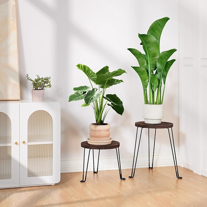 Yangbaga Wooden Plant Stands Indoor: 2Pack 11.81IN Round Plant Stands with Metal Legs,Mid Century Plant Holder for Home Decor,Multi-purpose Plant Table for Living Room/Patio/Garden/Balcony/Office