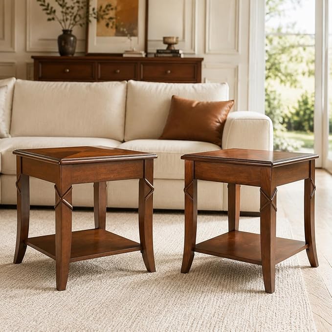 2-Set Solid Wood End Table with Storage Shelf, Cherry Walnut