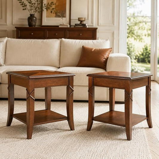 2-Set Solid Wood End Table with Storage Shelf, Cherry Walnut