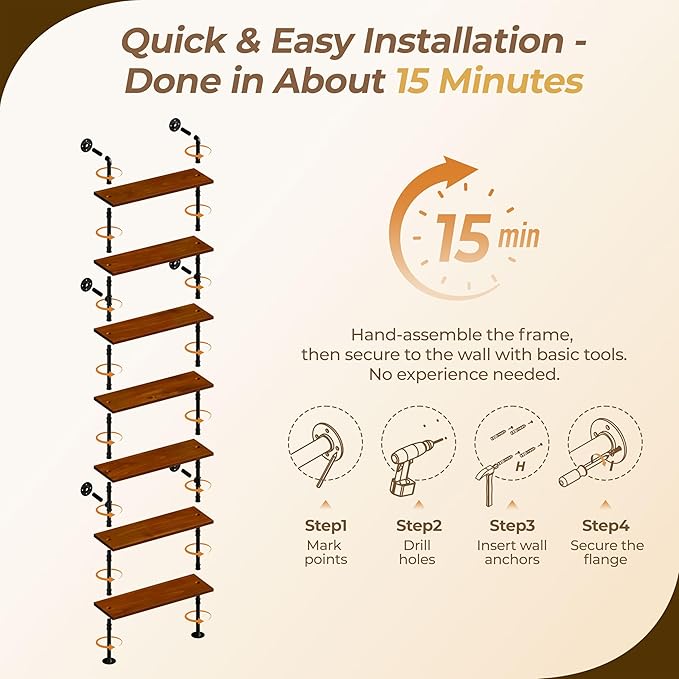7 Tier Industrial Ladder Shelf Bookcase, Wall Mounted Rustic Bookshelf for Living Room Decor and Storage (Walnut Color, 7 Tier - 10" D x 36" W x 95.5" H)
