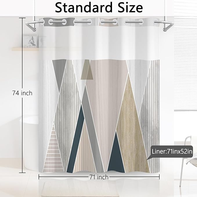 No Hook Shower Curtain with Snap in Liner - Modern Geometric Wood-Textured Pattern, Neutral Shower Curtains with See Through Mesh Top Window, Gray Beige Waterproof Cloth Fabric, 71x74 Inch