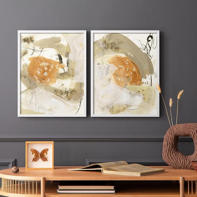 Renditions Gallery Set of 2 Peel & Stick Framed Prints, Neutral Abstract Wall Art, Earthy Tones Blended Brushstrokes Wall Decor, Re-Stickable - Ready to Hang - 8"x10" - White Frame LT588