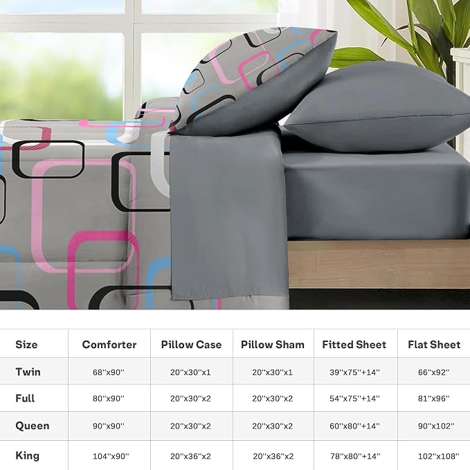 Nesker 7 Pcs Comforter Set Full Size, Geometric Retro Square Bedding Set for Kids and Adults, Grey Colorful Bed Sheet Sets with Fitted Sheet 2 Pillowcases & 2 Shams