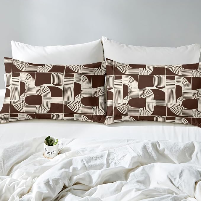 Erosebridal Bohemian Geometric King Bedding Set for Boys Mid Century Abstract Comforter Cover for Kids Teens Adult Brown Boho Ethnic Duvet Cover Modern Abstract Striped Bed Sets with 2 Pillow Cases