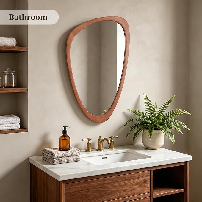 HOMECOOKIN 30.5" H x 19.5" W Asymmetrical Mirror, Irregular Wooden Wall Mirror for Bedroom, Living Room,Entryway– Mid-Century Modern Decorative Mirror, Solid Wood Frame, Pebble Shaped Design (Walnut)