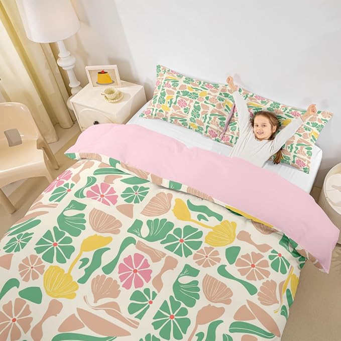 Erosebridal Boho Abstract Colorful Floral Toddler Duvet Cover Vintage Retro Patchwork Pink Green Bedding Set Flower Botanical Geometric Comforter Cover for Kids Adults,Aesthetic Groovy Bed Set