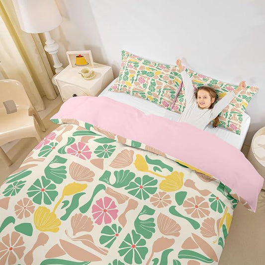 Erosebridal Boho Abstract Colorful Floral Toddler Duvet Cover Vintage Retro Patchwork Pink Green Bedding Set Flower Botanical Geometric Comforter Cover for Kids Adults,Aesthetic Groovy Bed Set