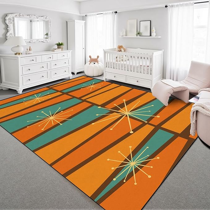 9x12 Area Rugs for Bedroom Boho Washable Rug for Living Room 50s Mid Century Modern Vintage Retro 1950s Mod Fifties Carpet for Dining Room Soft Rubber Backed Non-Slip Carpets for Bedroom Office