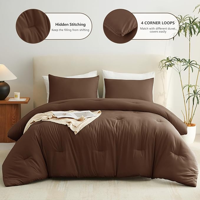 CozyLux California King Comforter Set Brown, 3 Pieces Cal King Lightweight Down Alternative Quilted Bedding Sets, All Season Soft Breathable Solid Comforter with 2 Pillowcases, Bed Set Gift for Home