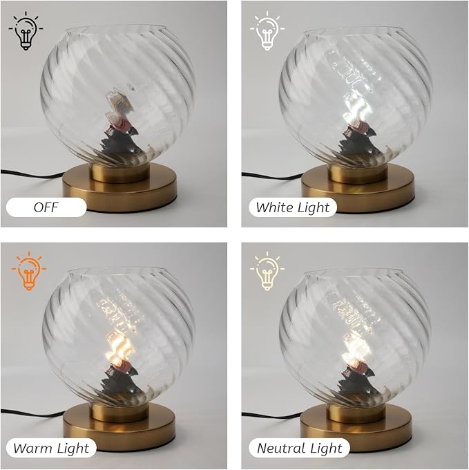 Mid Century Table Lamp Gold Metal Bedside Desk Lamp with Clear Ribbed Glass Shade, Plug-in Glass Globe Table Lamps for Office Studyroom