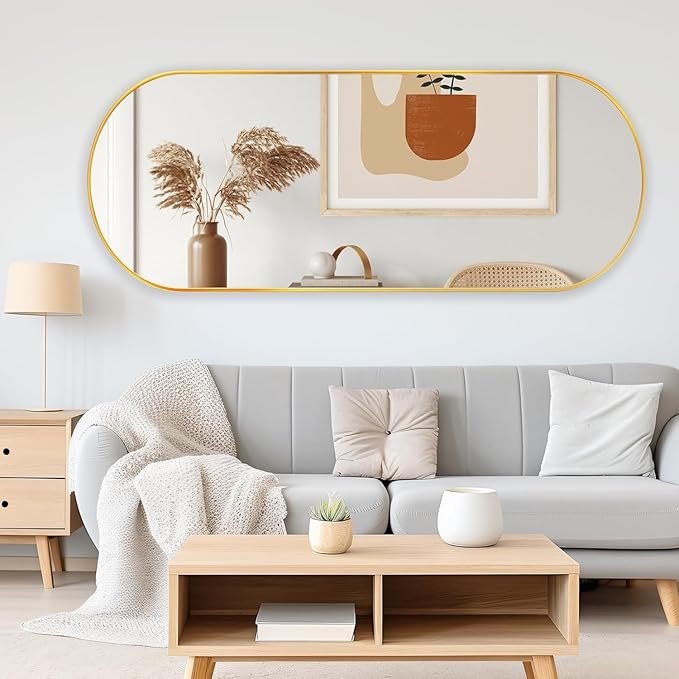 Arched Full Length Floor Mirror, Oval Full Floor Mirror, Large Wall Mounted Arched-Top Body for Living Room, Bedroom, Bathroom, Entryway, Dressing Room (Gold, 64 * 21)
