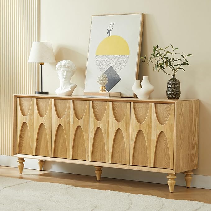 LKTART 62.99" Sideboard Buffet Cabinet with Storage, Solid Wood Kitchen Storage Cabinet Credenza Accent Console Table with Solid Wood Roman Legs Dovetail Door Trim Panel Ash Veneer,Natural Oak