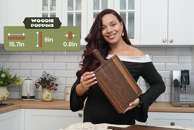 Premium American Dark Walnut Wood Cutting and Serving Board with Handle - Charcuterie Wooden Board - Durable, Stylish, and Versatile - Juice Groove - 16x9x0.8 in - Woodie Poppins