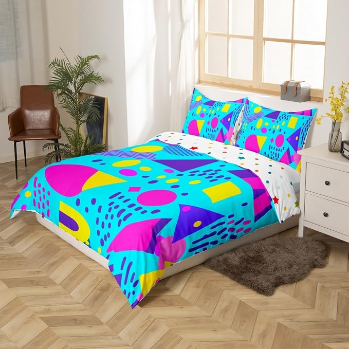 Geometric Duvet Cover 80s and 90s Hip Hop Bedding Set,Hipster Funky Comforter Cover Eighties Fashion Style Queen Bed Set,Round Triangle Square Diamond Shapes Artwork 1990S Memphis Home Decor
