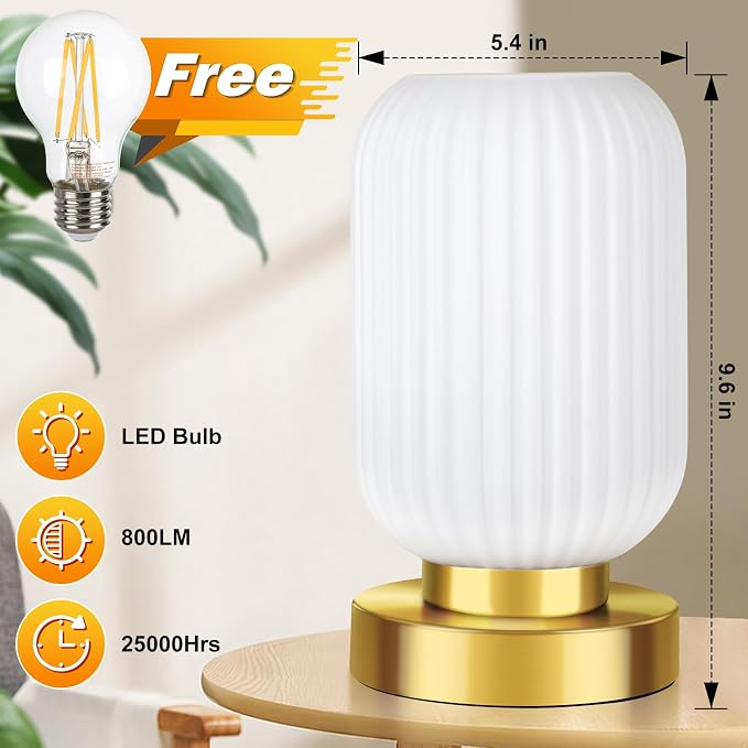 Mid Century Modern Table Lamp with Milk White Ribbed Glass Shade,Touch Control & 3 Way Dimmable, Small Gold, Vintage Bedside Lamp for Bedroom, Living Room,Office (Bulb Included)