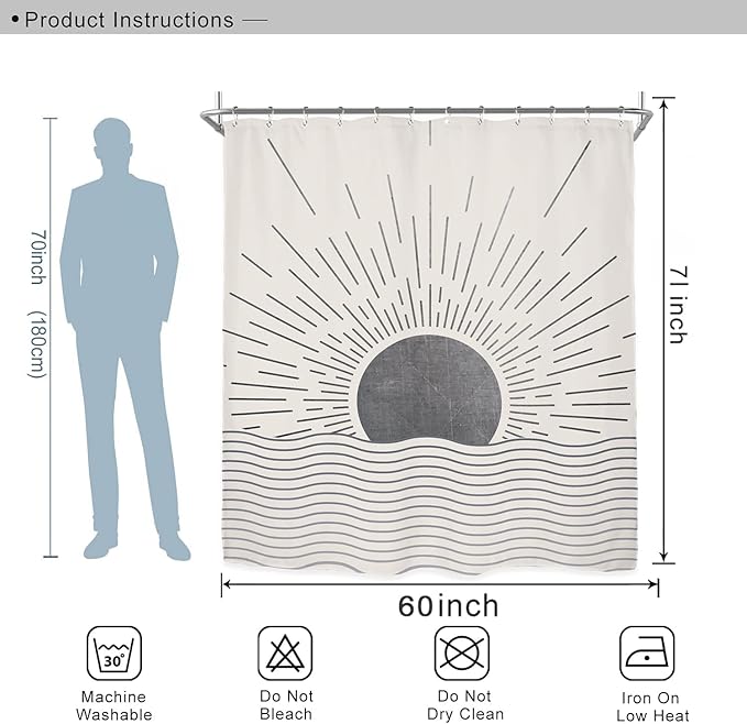 Miyotaa Gray Sun Minimalist Shower Curtain Set 60Wx71H Inches Mid Century Sunrise Sunset Vintage Aesthetic Retro Polyester Waterproof Cloth Bathroom Curtain with 12 Hooks
