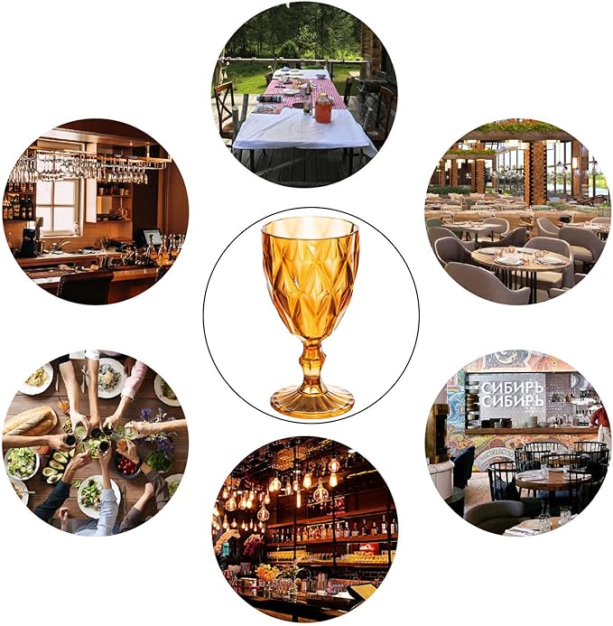 48 Pack Vintage Wine Glasses, Plastic Reusable 12 Ounce Colored Water Goblets, Unique Embossed Pattern Unbreakable Stemmed Wine Glasses High Clear Wedding Party Bar Drinking Cups Amber