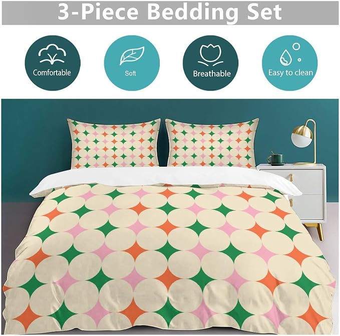 Modern Mid Century Duvet Cover, Vintage Geometry Bedding Sets Soft Comforter Cover，Aesthetic Abstract Art Bedding 3 Piece (1 Duvet Cover 102"x90" + 2 Pillow Sham 20"x30")