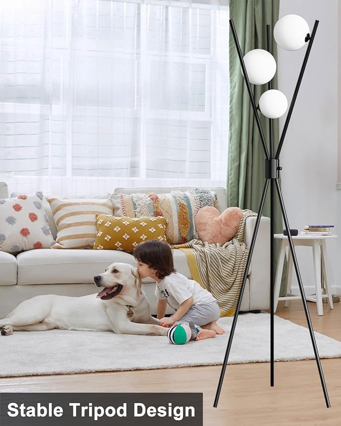 Lightdot 60IN Dimmable Black Tripod Floor Lamp, Mid Century Standing Lamps with 3 Globe Soft Warm White Eye Care 3000K Bulbs Included, Modern Tall Lamp for Living Room/Bedroom/Sofa Beside/Corner Decor