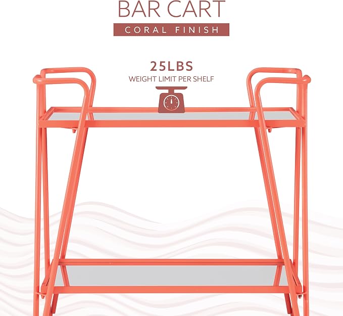 Gina Coral Mid-Century Bar Cart with Mirrored Shelves and Locking Wheels by Linon