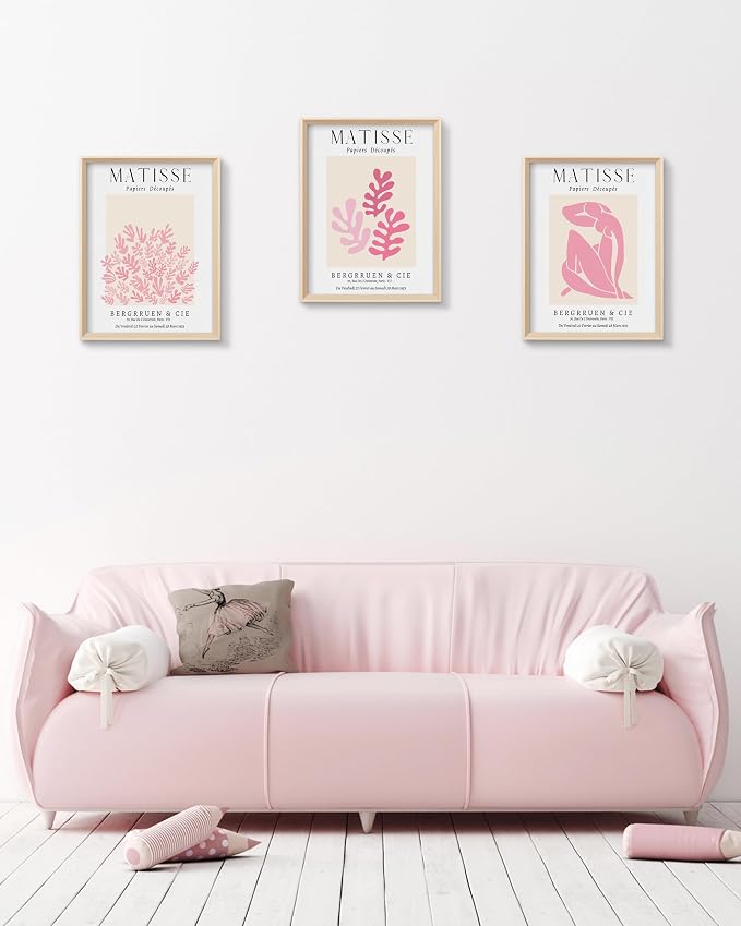Framed Matisse Pink Canvas Wall Art,Abstract Matisse Canvas Wall Decor,16x12IN High Framed Wood Design Prints,Minimalist Wood Frame Posters for Living Room,Bedroom,Bathroom Set of 3