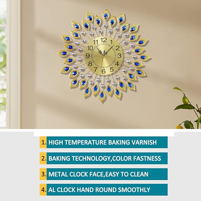 21.2 Inch Gold Large Wall Clocks for Living Room Decor,Elegant 3D Modern Wall Clock with Dial Arabic Numberals Non-Ticking Silent Big Wall Clocks,Diamond Round Home Decoration Kitchen Clocks