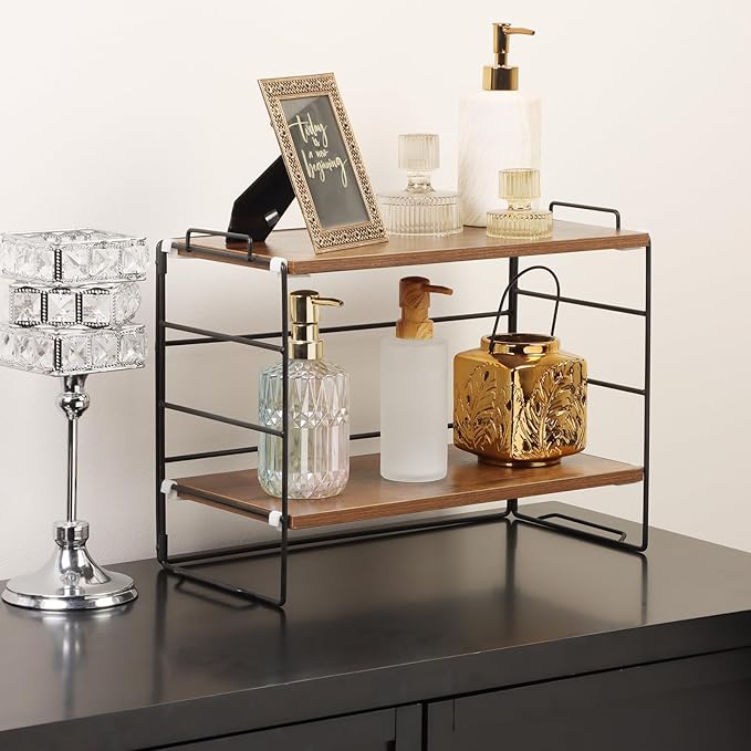 KATHY&BOB Wood Desk Shelf Organizer, 2-Tier Desktop Supplies Storage Rack, Adjustable Stackable Desk Shelf for Office, Kitchen, Bathroom, 15.75"*12.2"*7.87"