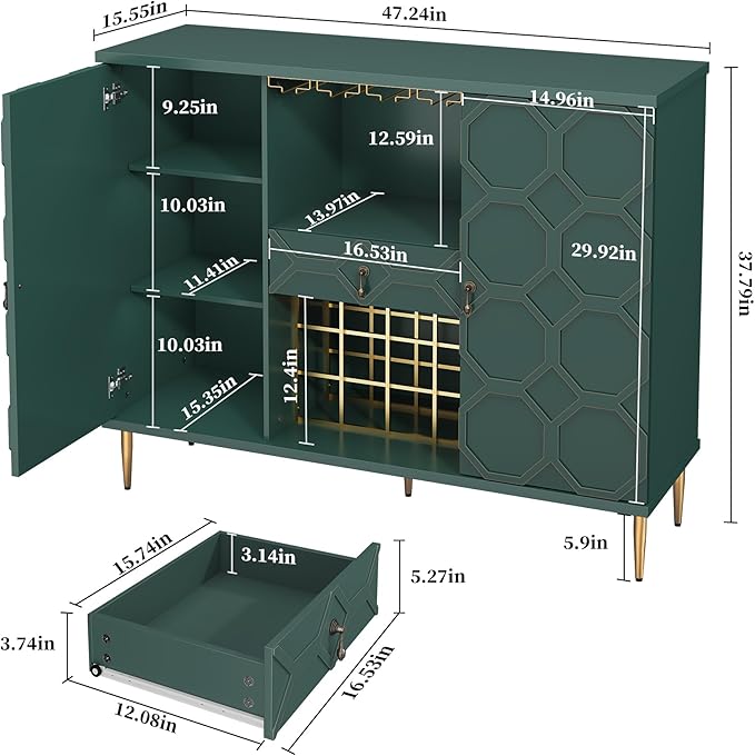 Modern Bar Cabinet with Drawer, Liquor Cabinet with Wine Glass Racks and Shelves, Geometric Door Buffet Sideboard for Dining Room, Living Room, Kitchen, Green
