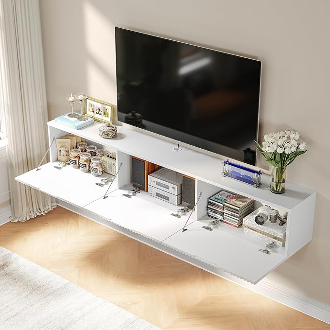 Floating TV Stand with 3 Doors,55IN Wall Mounted TV Cabinet,Floating Media Console Slatted Entertainment Center with Storage,Under TV Shelf for Bedroom Living Room,White