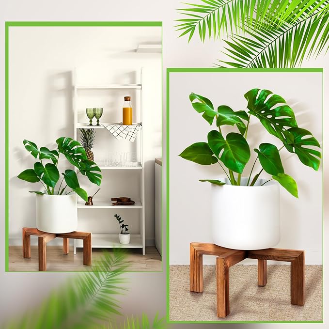 Wenqik 2 Pack 16 Inch Wood Plant Stand Wooden Plant Pot Holder Mid Century Rattan Flower Boho Rustic Stool Holder for Indoor Gardening Patio, Fit 8-18 Inch Pot (Wood Color)