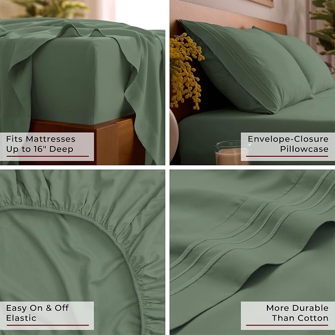 Mellanni Twin Sheets Set - 3 PC Iconic Collection Bedding - Hotel Luxury, Extra Soft, Cooling Bed Sheets - Wrinkle, Fade, Stain Resistant (Twin, Sage)
