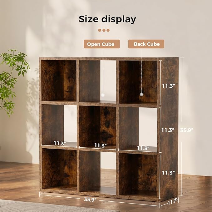 LUCKLIFE 9-Cube Storage Organizer, Stackable Modular Bookcase Shelf with Vertical or Horizontal Use, Fits 11×11" Bins, Optional Back Panels, for Living Room, Office, Vintage Brown