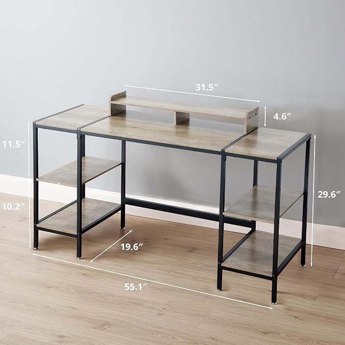 Gaming/Computer Desk - 47” Home Office Small Desk with Monitor Stand, Rustic Writing Desk for 2 Monitors, Adjustable Storage Space, Modern Design Corner Table.