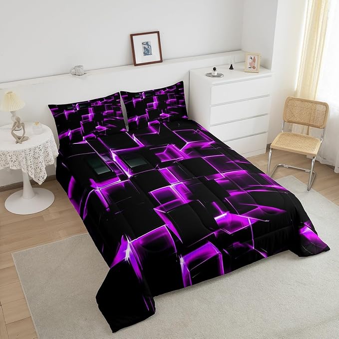 Erosebridal Purple Black Geometric Comforter Set Twin Size 3D Stereoscopic Square Bedding, Glowing Neon Squares Bed Set 2 Piece Gradient Grid Plaid Soft Microfiber Down Comforter