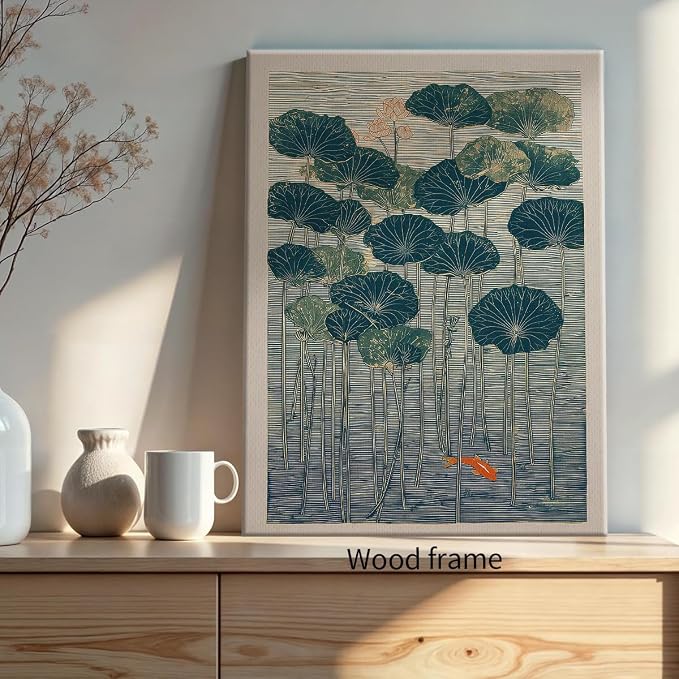 Wrapped Framed Lotus And Koi Canvas Poster Japanese Floral Botanical Pond Wall Art Retro Oriental Asian Prints Decor for Bedroom Zen Meditation Room Home 08x10 inch