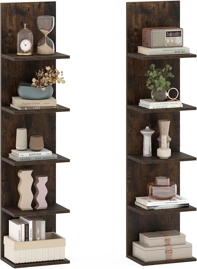 LOKO 5-Tier Wall Shelf, Vertical Column Storage Organizer with Expansion Screws, Decorative Wall Mounted Shelving, Floating Wooden Display Shelf for Living Room, Kitchen, Bathroom (2,Rustic Brown)