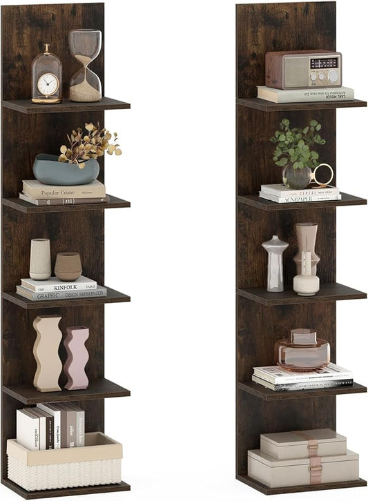 LOKO 5-Tier Wall Shelf, Vertical Column Storage Organizer with Expansion Screws, Decorative Wall Mounted Shelving, Floating Wooden Display Shelf for Living Room, Kitchen, Bathroom (2,Rustic Brown)