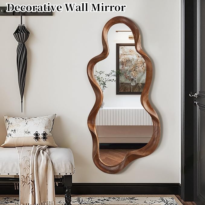 Large Asymmetrical Mirror Irregular Wood Frame Modern Unique Wall Mounted Artistic Wavy Mirrors Decor Bathroom Vanity Bedroom Living Room Entryway Hallway 47"x22"