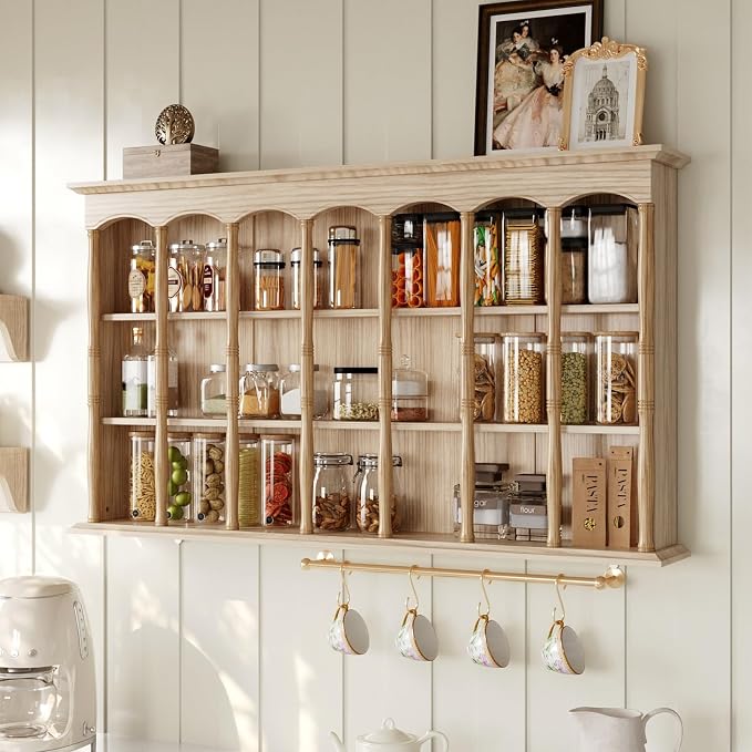 MOUMON Wall Mount Floating Shelf, Kitchen Storage Spice Rack for Seasoning Jam, Wood Floating Shelving Display Organizer Coffee Mug Display Shelf, Living Room, Natural, 7.9”D x 55.1”W x 31.5”H