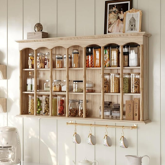 MOUMON Wall Mount Floating Shelf, Kitchen Storage Spice Rack for Seasoning Jam, Wood Floating Shelving Display Organizer Coffee Mug Display Shelf, Living Room, Natural, 7.9”D x 55.1”W x 31.5”H