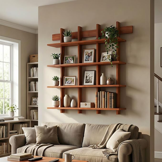 4-Tier Wall Mounted Bamboo Bookshelf, 43×52 Inch Large Floating Shelves with 600lbs Capacity, Rustic Farmhouse Heavy Duty Hanging Wall Shelf for Living Room, Coffee Bar, Book Storage, Kitchen, Brown