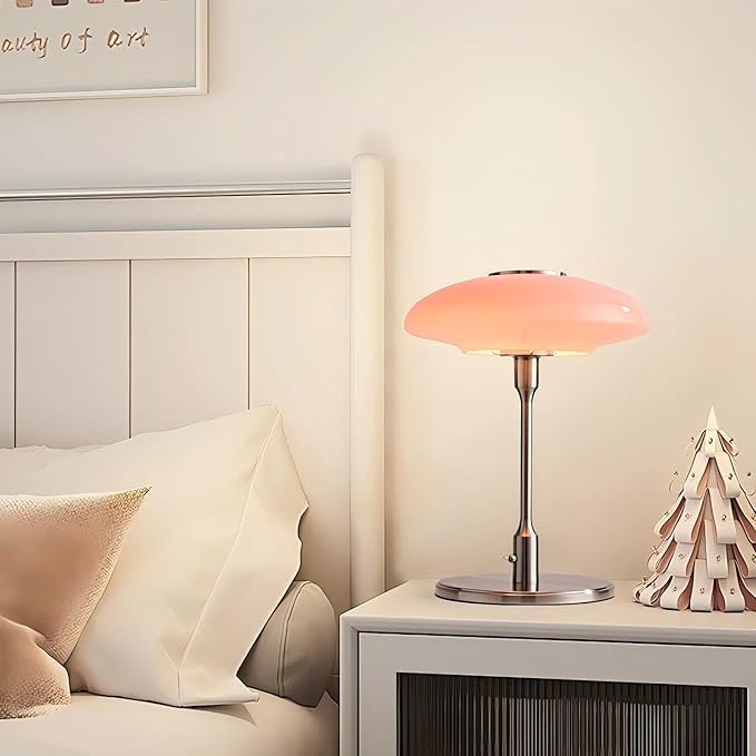 Table Lamp, Metal and Glass Modern Bedside Lamp, Decorative Table Light, Table Lamp for Living Room Bedroom Study Room, 12.6 * 16.5 Inch, Chrome & Pink
