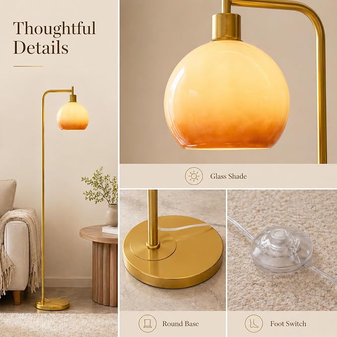 67" Soft Glow Art Deco Floor Lamp - Metal Pole Sunset Glass Lamp, Pedal Switch & E26 Bulb, Perfect for Bedroom Living Room Office Scandinavian/Minimalist/Contemporary Interiors