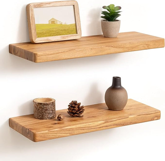 Fun Memories 18 Inch Floating Shelves for Wall, Solid Elm Wood Wall Shelf for Home Decor, Rustic Wooden Bathroom Shelves Set of 2, Heavy-Duty Hardwood Floating Shelf for Bedroom, Kitchen, Living Room